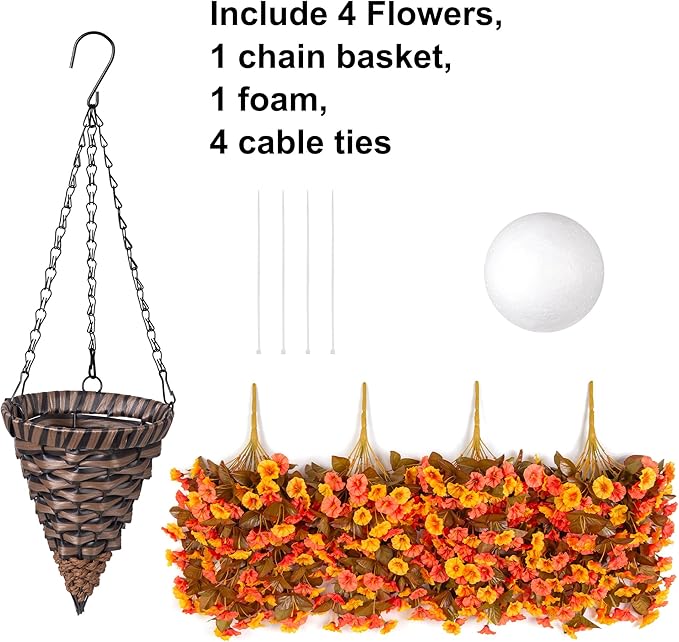 Artificial Fall Fake Hanging Flowers Plants Basket for Outdoor Autumn Decoration, Faux Silk Morning Glory Long Stems Vines Realistic UV Resistant for Outside Home Porch Garden (Fall Orange+Yellow)-Ruum Studio Home