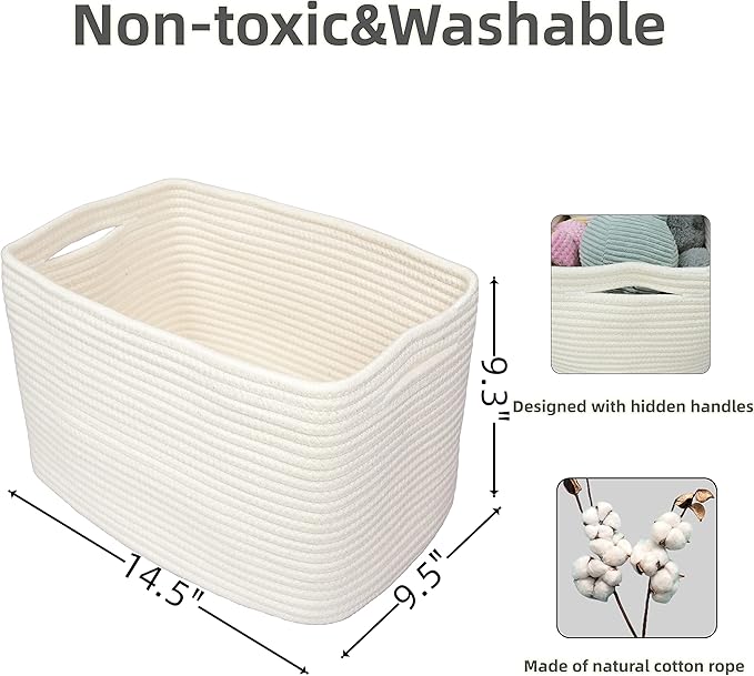 Cotton Rope storage Basket Bins Woven Basket for Organizing Shelves Rectangle Decorative Baskets For storage Clothes Toys Books Towels Square Wicker Nursery basket organizer 3 pack white-Ruum Studio Home