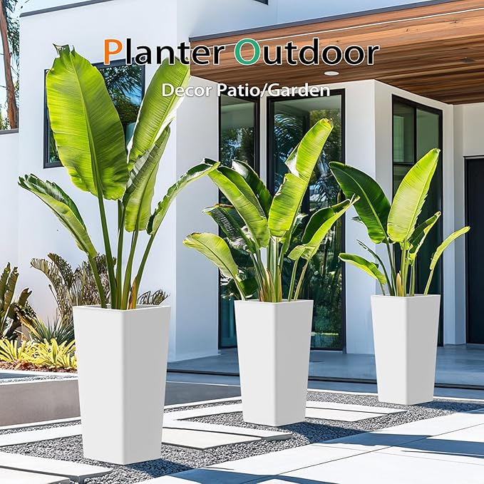 Tall Planters for Outdoor Plants, Large Resin Flower Pots for Garden, Front Porch, Patio, Indoor - Set of 2 (White, 32 inch - 2 Pack)-Ruum Studio Home