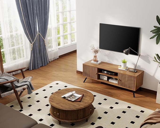 COMHOMA TV Stand for Living Room, Mid Century Modern Entertainment Center for 55/60/65 Inch TVs, Retro Brown TV Console with Fluted Door Cabinets and Open Adjustable Shelve Storage for Bedroom-Ruum Studio Home