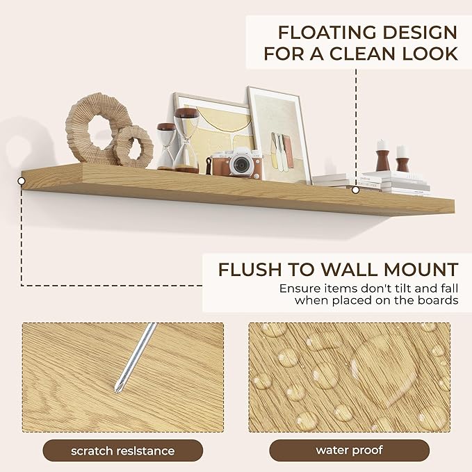 RICHFOCUS 72Inch Floating Shelves for Wall 2 Pack Shelves for Bedroom|Kitchen|Bathroom Wall Mounted Rustic Wood Floating Shelf with Invisible Brackets for Books|Storage|Decor, Oak-Ruum Studio Home