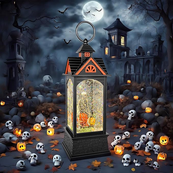 Halloween Snow Globe Lantern, Spooky Ghost Halloween Decor, Plug-in & Battery Operated Snow Globes for Halloween Decorations Indoor-Ruum Studio Home