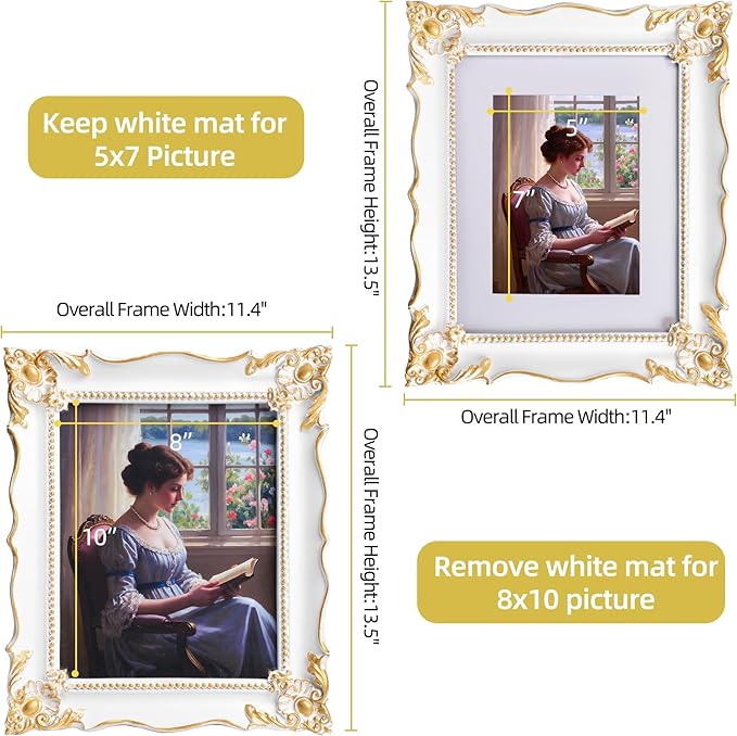 8x10 Vintage Picture Frame with Embossed Flower Design, White Ornate Frame for 8x10 or 5x7 Pictures with White Mat, Hand-Crafted Resin Antique Frames for Tabletop & Wall Hanging, Home Decor (White)-Ruum Studio Home