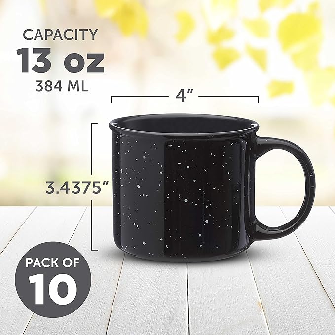 DISCOUNT PROMOS Ceramic Campfire Coffee Mugs 13 oz. Set of 10, Bulk Pack - Perfect for Tea, Espresso, Cappuccino, Hot Cocoa - Black-Ruum Studio Home