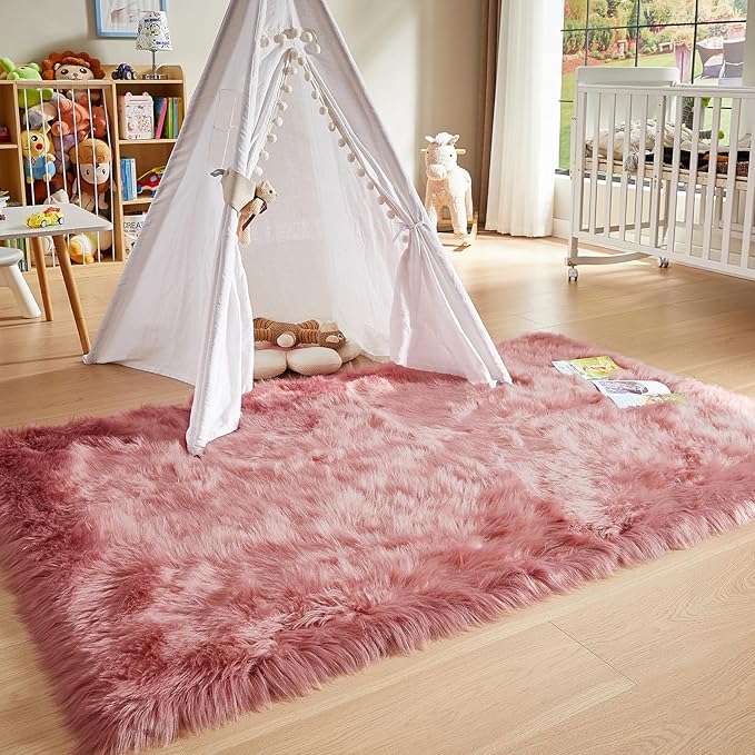 AMTOVO Faux Fur Sheepskin Rug for Living Room, 4 x 6 ft Blush Pink Fluffy Area Rug for Bedroom, Playroom, Luxury Room Decor, Rectangle-Ruum Studio Home