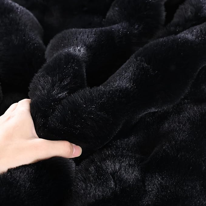 Black Fluffy Thick Fur Throw Blanket 50x60 for Bed Couch Office Chair Bunny Soft Blanket for Adults Gift Home Living Room Decorative Decor 860 GSM-Ruum Studio Home