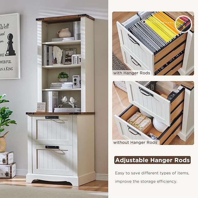 RedLemon Bookcase with 2 File Drawers, 72" Tall Farmhouse Bookshelf with Storage and Adjustable Shelves, 4 Tier Rustic Wood Bookshelf with Cabinet for Home Office, Living Room (Antique White)-Ruum Studio Home