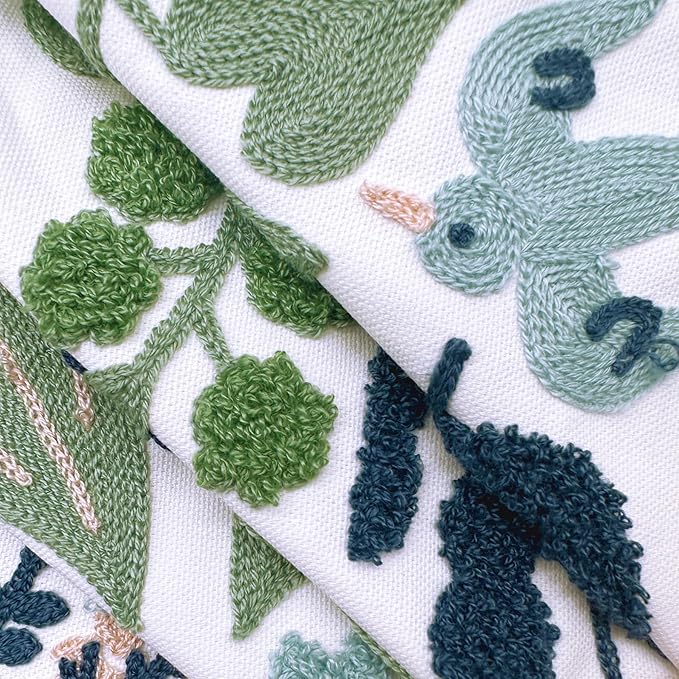 Alysheer Summer Floral Embroidered Decorative Throw Pillow Covers 18"x 18" Set of 2, Farmhouse Navy Blue Flowers Green Leaves Tufted Patterned Cotton Cushion Cases for Couch Bed Living Room Decor-Ruum Studio Home