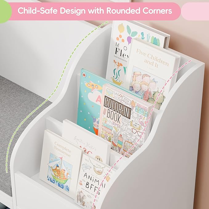 MU Kids Bookshelf with Reading Nook, Toddler Bookcase Bench with Seat Cushion and 7 Storage Cubbies, Kids Reading Nook for Boys & Girls, Toy Storage Bench Box for Bedroom, Playroom, Nursery, White-Ruum Studio Home