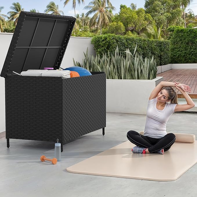 YITAHOME 230 Gal Outdoor Storage Box, XXL All-Weather Wicker Deck Box for Patio Furniture, Cushions, Pool Accessories and Garden Tools - Black-Ruum Studio Home
