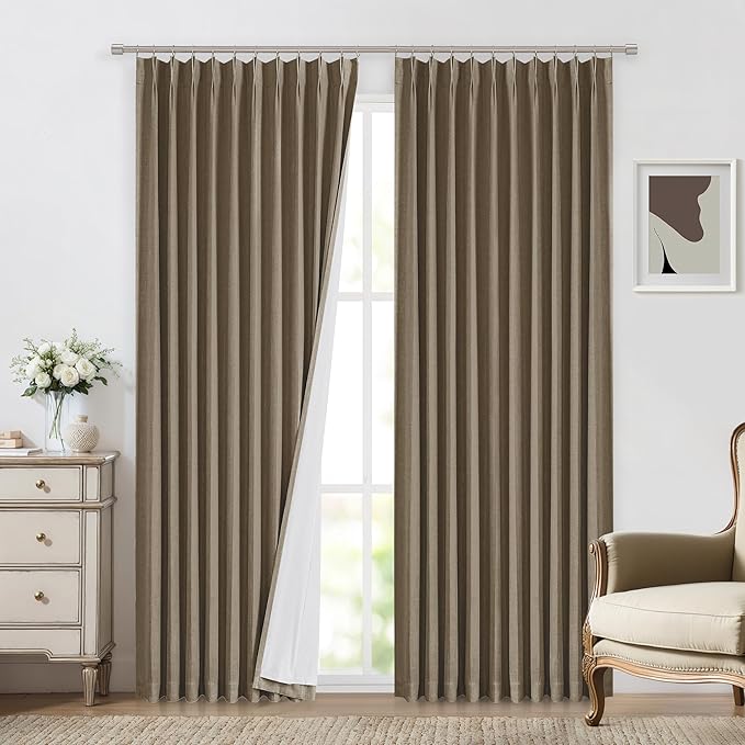 Vision Home Brown Pinch Pleated Full Blackout Curtains Linen Blended 60" Wide Thermal Insulated Window Panels 112 inch for Bedroom Living Room Darkening Pleat Drapes with Hooks Back Tab 60" Wx112 Lx1-Ruum Studio Home
