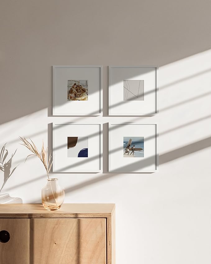 HAUS AND HUES 10x10 White Metal Picture Frames Matted to 5x5 - Features Premium Aluminum & Hanging Hardware, Shatterproof Plexiglass - Ideal for Home, Room, Office (10x10 in, White, Set of 4)-Ruum Studio Home