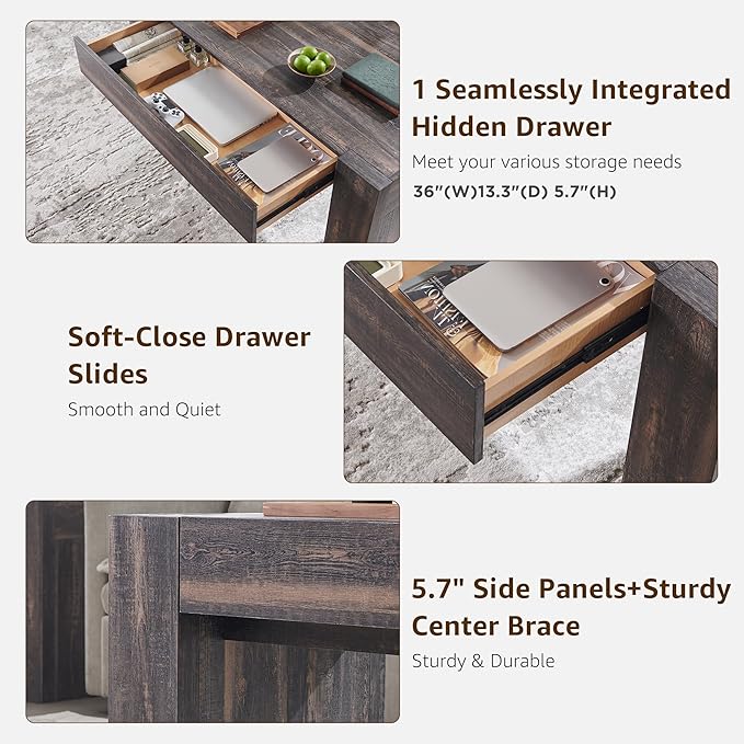 OKD 48" Modern Farmhouse Coffee Table, Wooden Living Room Table with Hidden Storage Drawer, Rustic Rectangular Center Tables w/Wood Thick Design for Living Room, Office, Dark Rustic Oak-Ruum Studio Home