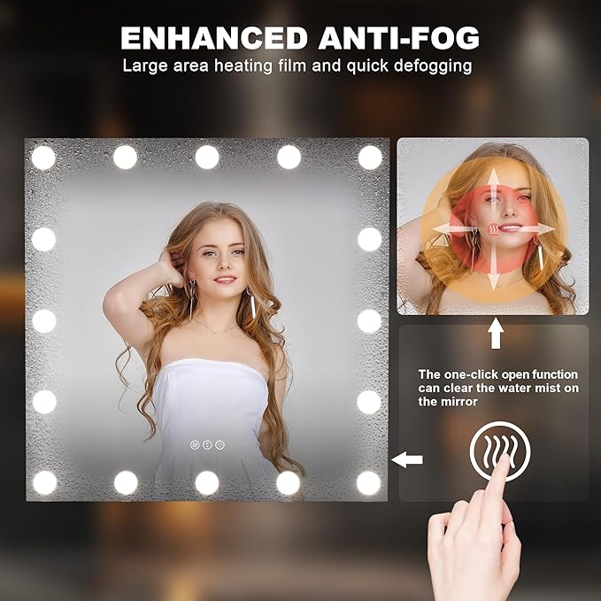 Hasipu LED Bathroom Mirror with Lights, 32" x 32" Hollywood Wall-Mounted Bathroom Mirror with 16 Dimmable Bulbs, 3 Colors Modes, Touch Control, Anti-Fog, Memory Function, Shatter-Proof, ETL Listed-Ruum Studio Home