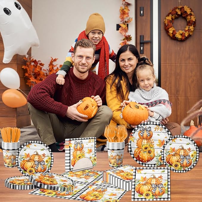 Fall Party Decorations,144Pcs Fall Thanksgiving Tableware Set Includes Plates,Napkins,Knife,Fork Black and White Buffalo Plaid Pumpkin Theme Decorations for Autumn Harvest,Thanksgiving Day-Ruum Studio Home