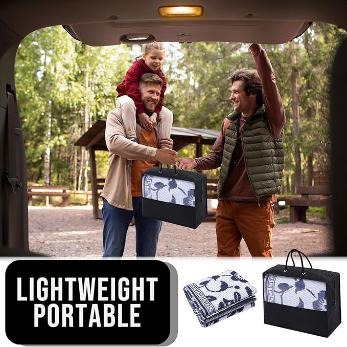 OLANLY Waterproof Outdoor Rug 5x8 ft, Outdoor Plastic Straw Rug with Flower Pattern, Reversible RV Mat for Patio, Camping, Balcony, Deck, Backyard, Navy & White-Ruum Studio Home