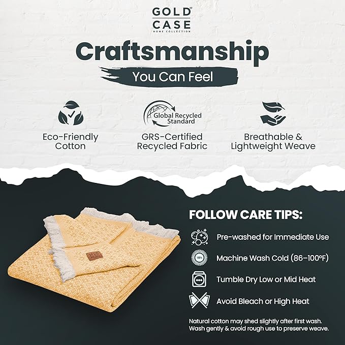 Gold Case Throw Blanket for Couch – 100% Recycled Turkish Cotton Blankets & Throws – Elegant Decorative Throw Blankets for Living Room Sofa – Woven Throws for Couch – Retro Mustard – 50x60-Ruum Studio Home