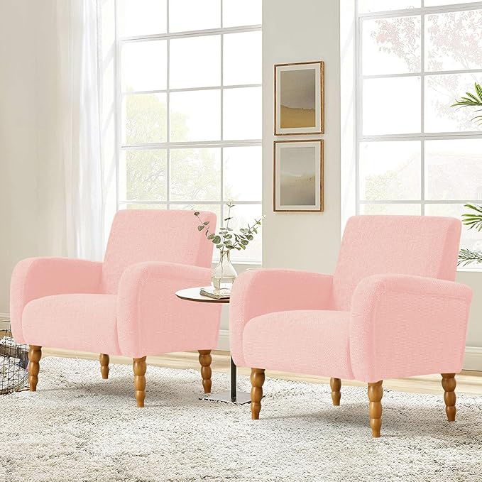 Chenille Fabric Accent Chair Set of 2, Upholstered Armchair with Solid Wood Legs, Modern Living Room Accent Chair, Comfy Single Sofa Chair Reading Club Chair for Bedroom Reception Lounge,Pink-Ruum Studio Home