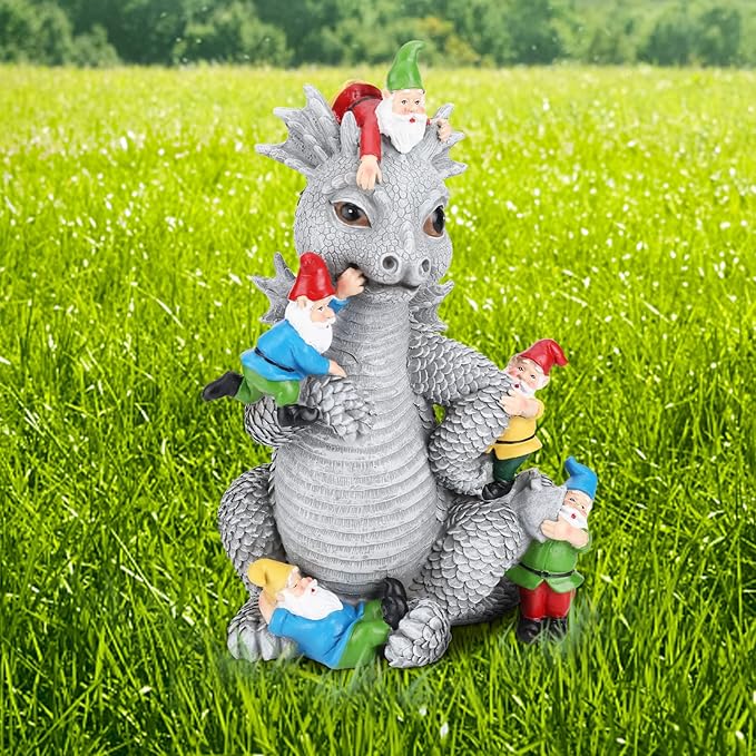 Dragon Gnome Statues Outdoor Decor, 13” Dinosaur Play with Gnomes Garden Statue, Outdoor Statue for All Season Lawn Decor, Garden Decoration, Gardening Gift-Ruum Studio Home