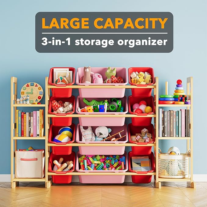 SpaceAid Toy Storage Organizer with 6 Shelves and 12 Bins, Toy Organizers Storage Bookshelf, Kids Bin Shelf Toys Box Bookcase for Bedroom Playroom Organization Room Decor, Red and Pink-Ruum Studio Home