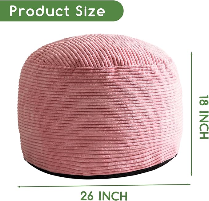 HIGOGOGO Round Stuffed Pouf Ottoman, Corduroy Poufs with Foam Chunk Filling, Furry and Fluffy Pouf Foot Stool Storage Ottoman, 26 X 18 Floor Poufs Foot Rest for Living Room, Pink-Ruum Studio Home
