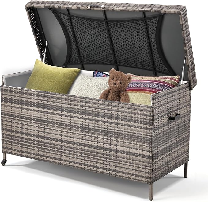 HOMREST Large Deck Box, Outdoor Wicker Storage Container with 240 Gallon, Patio Rattan Furniture for Garden Tools, Pillows, Pool, Brown-Ruum Studio Home