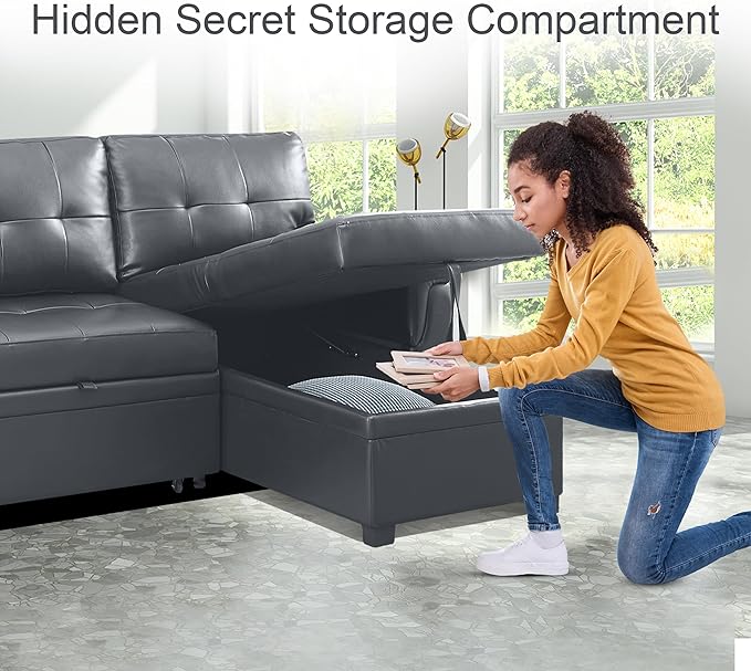 Naomi Home Transform Any Space: Sleeper Sectional Sofa with Convertible Sofa Bed & Inviting Chaise. Find Tranquil Comfort with Stress-Relieving Design & Durable Cushions - Dark Gray/Air Leather-Ruum Studio Home