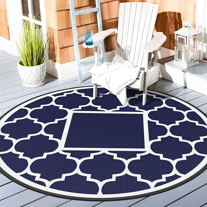 GENIMO 8' Round Outdoor Rug Waterproof for Patio Decor, Foldable Reversible Plastic Straw Area Rugs Mat for Rv, Outside Carpet for Camper, Deck, Picnic, Beach, Balcony, Camper, Blue & White-Ruum Studio Home