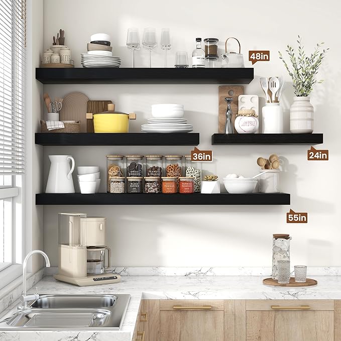 Heimlove 48" Black Floating Shelves for Wall,10 Deep Rustic Wood Display & Storage Wall Shelves with Heavy Duty Brackets for Bathroom,Bedroom,Kitchen,Living Room,Office-Ruum Studio Home