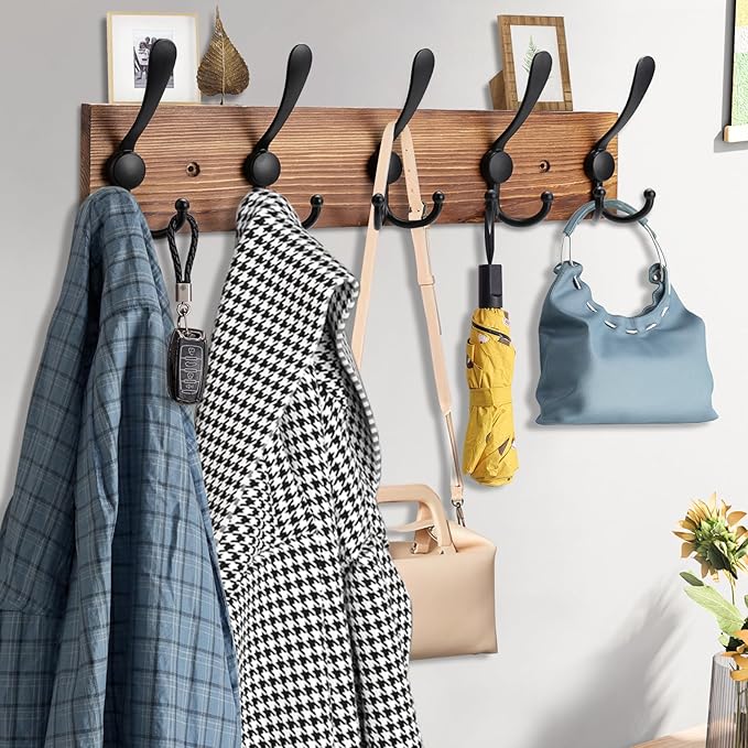 Coat Rack Wall Mount Wooden Hat Rack for Wall Hooks Pine Real Wood Plank 16.9" Brown Coat Hanger with 5 Triple Hooks for Hanging Coat Hat Jacket-Ruum Studio Home