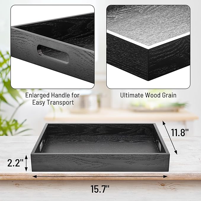Wood Serving Tray with Handles, Home Decorative Wooden Rectangle Ottoman Decor Platter Vanity Tray for Breakfast Dinner Drinks Kitchen Dining Living Bathroom Restaurants Black-Ruum Studio Home