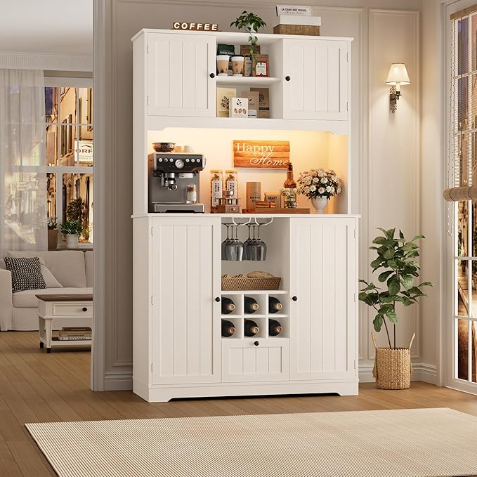 FINETONES 71" Pantry Cabinet with 7-Color LED Light and Charging Station, Kitchen Pantry Cabinet with Microwave Stand, Kitchen Hutch Food Storage Cabinet with Outlet and Wine Racks, White-Ruum Studio Home