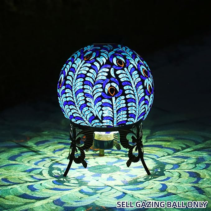 VOREEN Solar Gazing Ball, 10" Mosaic Glass Gazing Globe with Solar Light, Handmade Outdoor Yard Decor Sphere for Patio Lawn Garden, Gift for Mom Wife Friend, Peacock Feather Design (Blue)-Ruum Studio Home