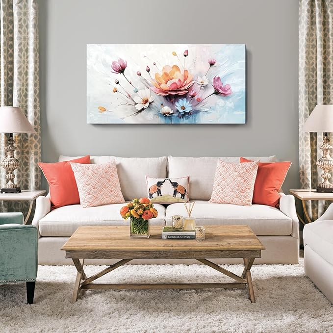 amatop Large Floral Wall Art – Modern Pink White and Blue Abstract Colorful Flower Bouquet Print Large Botanical Canvas Picture Nature Artwork Wall Decor for Living Room Bedroom Office 48x24 inch-Ruum Studio Home