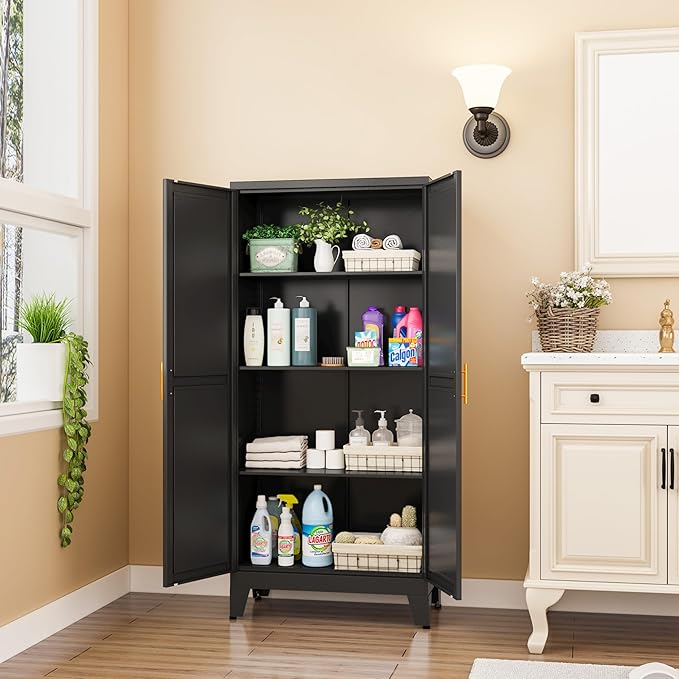 Metal Storage Cabinet With 2 Doors and 3 Adjustable Shelves, Black Kitchen Pantry for Food, Utility Cabinet for Laundry Room, Cupboard-Ruum Studio Home