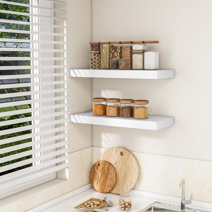 RICHFOCUS 24Inch Floating Shelves for Wall 2 Pack Shelves for Bedroom|Kitchen|Bathroom Wall Mounted Rustic Wood Floating Shelf with Invisible Brackets for Books|Storage|Decor, White-Ruum Studio Home