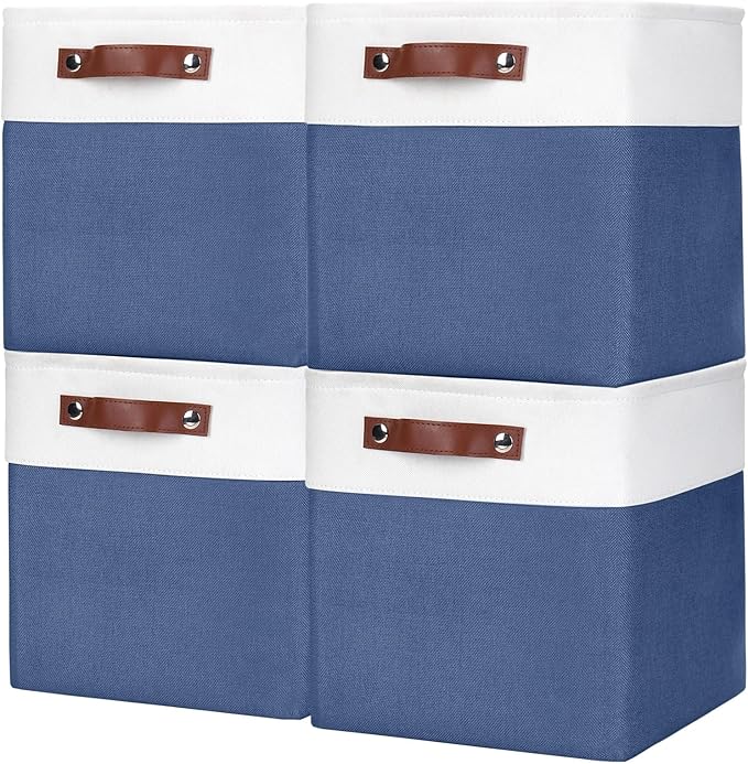 Collapsible Fabric Storage Cubes 11x11 Cube Storage Bins, 4 Pack Closet Baskets Box with Handles for Organizing, Shelf, Toys, Clothes, Home, Office, Nursery (Navyblue&White)-Ruum Studio Home