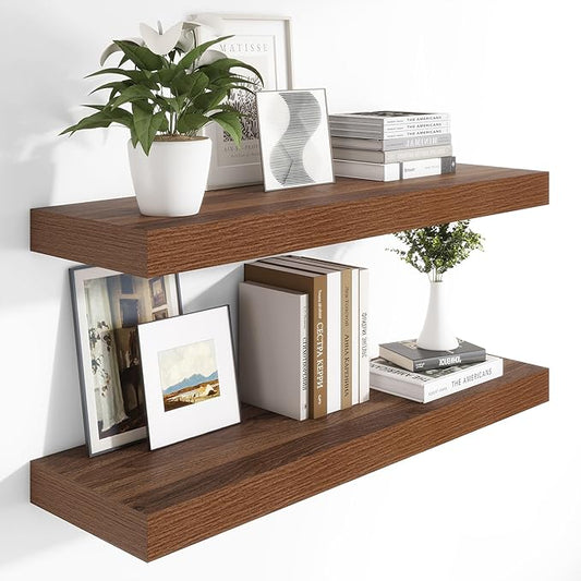 Heimlove 12 Inch Deep Floating Shelves, 48 x 12 inches Long Wall Shelf, Large Display Shelf & Storage Shelf, Rustic Wood Wall Shelves for Fireplace Mantel, Set of 2(Walnut)-Ruum Studio Home