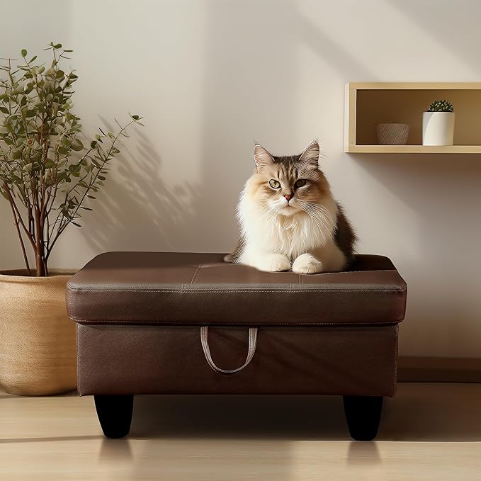 Ottoman Rectangular Storage Ottoman Bench, Faux Leather Footrest, Coffee Table, Stool Footstool with Hinged Lid for Living Room, Bedroom, Entryway, Brown, 28.5"x19"x17.5"-Ruum Studio Home