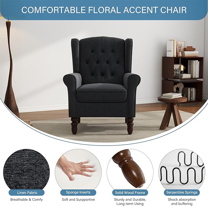 UIXE High Back Accent Chairs Set of 2, Upholstered Armchair in Fabric, Retro Wingback Arm Chair for Living Room, Comfy Single Sofa Bedroom Reading Seat with Solid Wood Legs - Black Blue-Ruum Studio Home