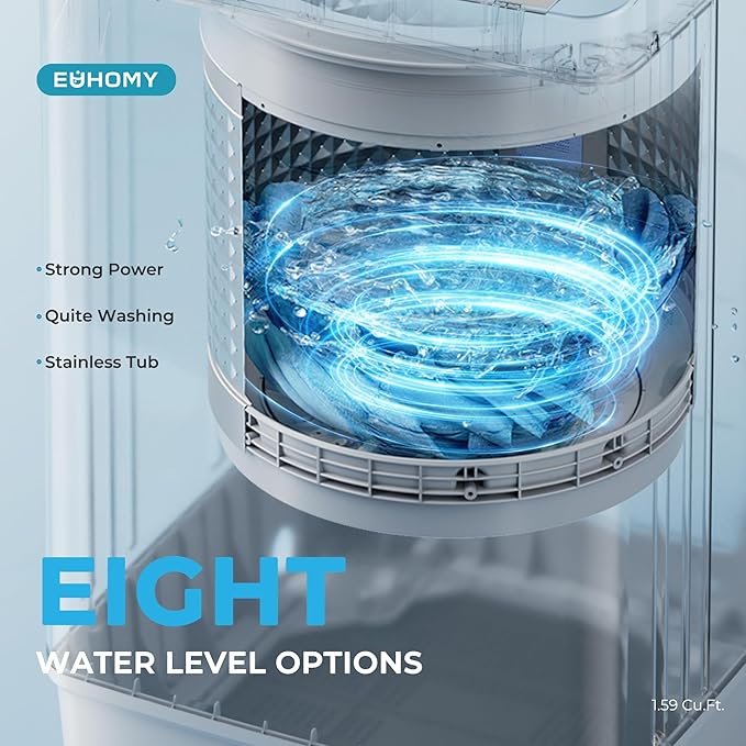 Euhomy 1.59 Cu.Ft. Portable Washing Machine, 11 LBS Capacity, 8 Functions, 8 Water Levels,Full Size Washing Machine with Drain Pump and LED Display for Apartments, RVs, Homes, Gray-Ruum Studio Home