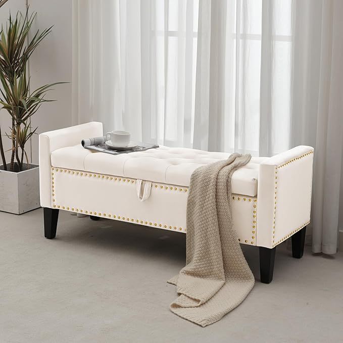 Storage Ottoman Bench, Velvet Upholstered Footstool for Bedroom and Living Room, Tufted Seat with Storage, Wooden Legs & Metal Rivets, Beige-Ruum Studio Home