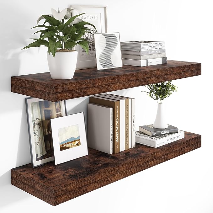 Heimlove 12 Inch Deep Floating Shelves, 48 x 12 inches Long Wall Shelf, Large Display Shelf & Storage Shelf, Rustic Wood Wall Shelves for Fireplace Mantel, Set of 2(Rustic Brown)-Ruum Studio Home