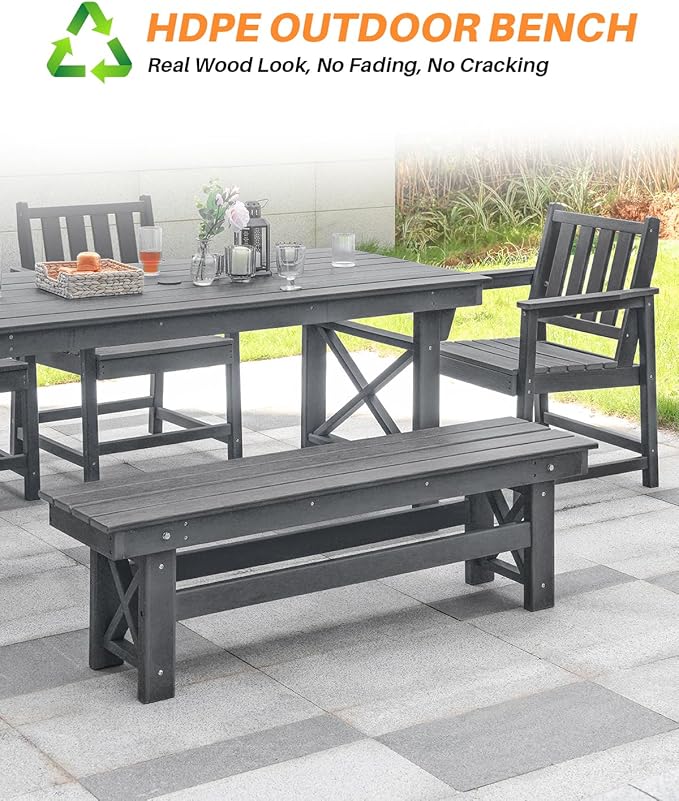 HDPE Outdoor Bench, 55" Patio Bench Outdoor Furniture, Poly Lumber Adirondack Benches, Fade-Resistant HDPE Garden Backless Benches for Park, Poolside, Porch, Smoke Gray-Ruum Studio Home