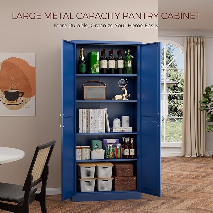71" Metal Pantry Cabinet, Tall Kitchen Pantry Storage Cabinet with 4 Adjustable Shelves and Gold Handles, Blue Cupboard for Kitchen, Dining Room, Living Room-Ruum Studio Home