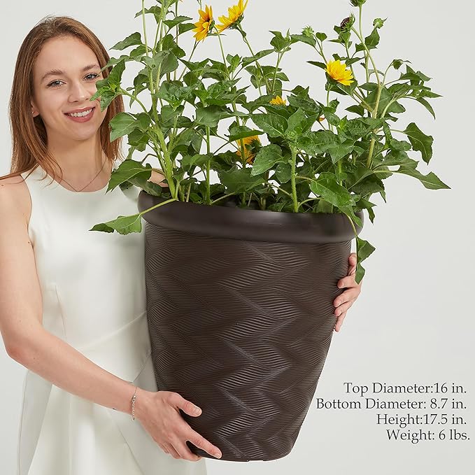 Worth Garden 2-Pack 16" Large Round Planter - Weave Pattern Lightweight Plastic Plant Pot 16" x 17.5" for Indoor Outdoor Use - Decorative Containers for Front Porch Home Yard Deck Patio - Dark Brown-Ruum Studio Home