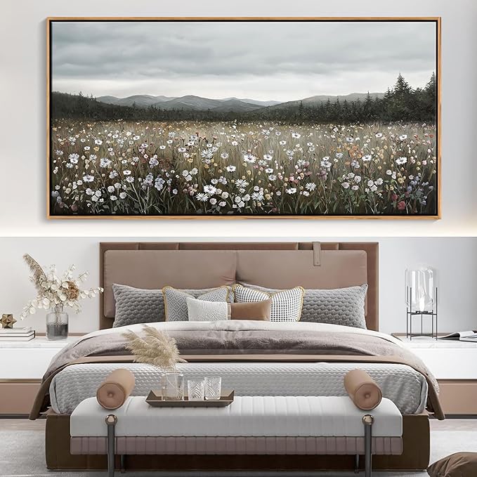 HGUAOA Vintage Landscape Wall Art for Bedroom and Living Room - Large Floral Artworks Farmhouse Wall Decor - Framed Neutral Nature Pictures - Above Bed Wall Decor with Mountain Scenery 29×58IN-Ruum Studio Home