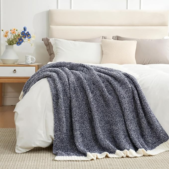 Snuggle Sac Navy Throw Blanket for Couch, Oversized Throw XL Super Soft Warm Blankets Cozy Knit Fuzzy Lightweight Throws for Sofa, Bed, Living Room, Heather Navy, 50x70 inches-Ruum Studio Home