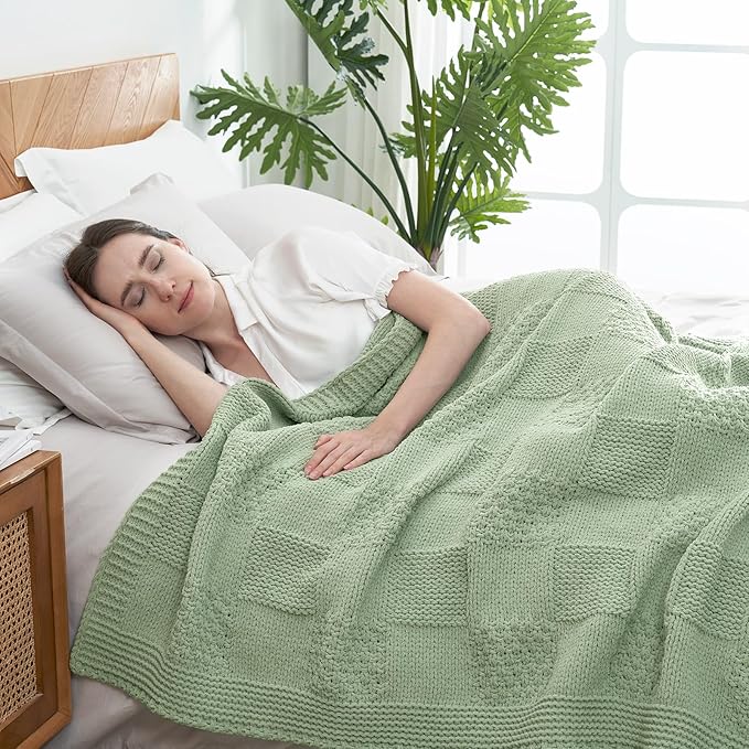 Amélie Home Chenille Knit Throw Blanket for Couch, Checkered Texture Decorative Soft Blanket for Sofa, Bed & Living Room, 60"x80", Sage Green-Ruum Studio Home