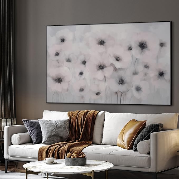 46"x72" Extra Large Framed Wall Art Soft White Poppies Watercolor Floral, Delicate Botanical for Home Living Room Bedroom Decor (Frame Assembly Required)-Ruum Studio Home